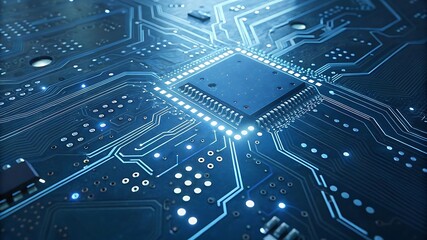 Futuristic high-tech circuit board with glowing blue neon lines, digital connections, and microchip design, ideal for technology, AI, cybersecurity, and innovation backgrounds