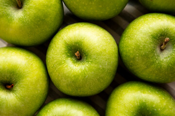 Organic Green Granny Smith Apples, top view. Flat lay, overhead, from above.