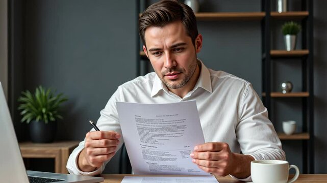 Young man with short dark hair holding printed resume at modern office desk, feeling disappointed