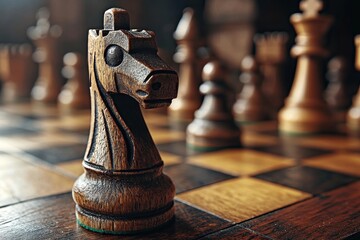 Concepts of strategy, competition, and ideas in a chess board game setting illustrate the path to business success through effective teamwork and strategic planning in competitive scenarios