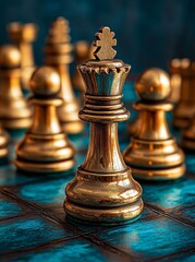 Fototapeta premium Golden chess pieces, featuring the king, queen, rook, bishop, knight, and pawn, stand on a chessboard with a dark background, conveying concepts of leadership, cooperation, partnership, and business