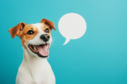 Un perro con un bocadillo de di&aacute;logo sobre fondo azul pastel