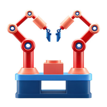 Automation factory and AI integration, Two robotic arms working together in a manufacturing setup, isolated on white background.