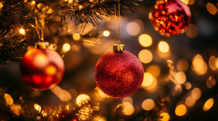 Red Christmas baubles hanging from tree with warm golden lights blurred in background creating festive cozy and magical holiday atmosphere full of seasonal spirit

