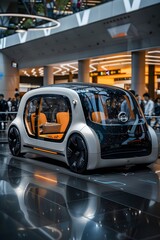 A sleek, modern electric vehicle with a transparent exterior sits prominently in a bustling urban area