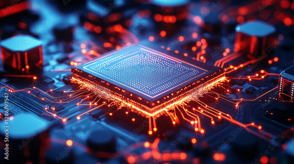 Aufkleber cpu processing data on motherboard with orange and blue lights