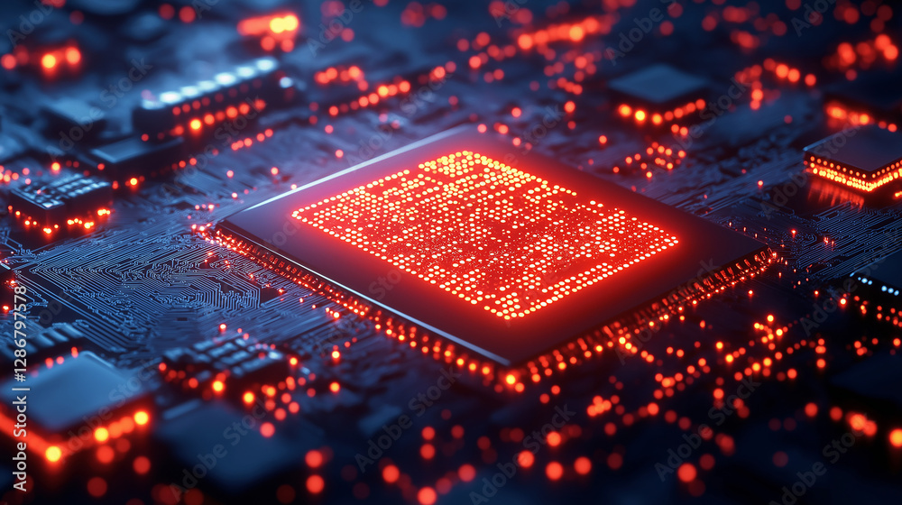 Poster Quantum computing microchip processing data on motherboard: futuristic technology