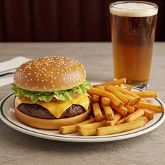 Hamburguesa con patatas y cerveza