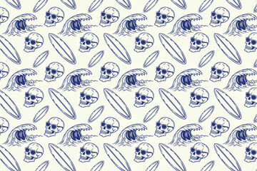 Skull and Surf Punk Aesthetic Seamless Pattern Vector Illustration Background