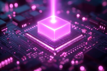 This captivating image shows a microchip emitting a vibrant light beam, illustrating the powerful energy and elegance of advanced technology in today's digital landscape.