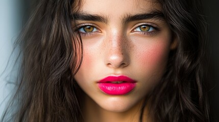 Fototapeta premium Female model with bold pink lips, half-shadowed face, embodying mystery and allure. 