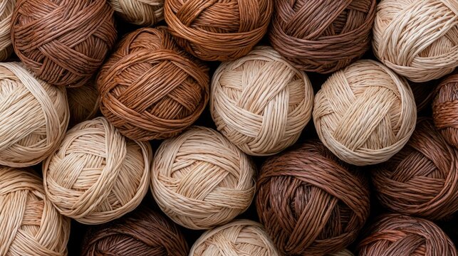 Beige and brown yarn balls close-up. Craft supply texture