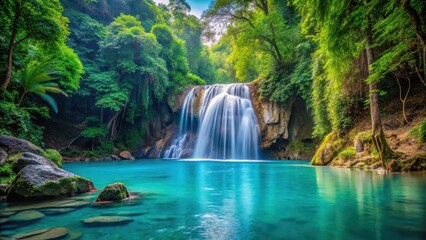 Fototapeta premium waterfall in serene tropical environment, flowing into turquoise pool, forest, greenery, forest,greenery,stream,relaxation,blue