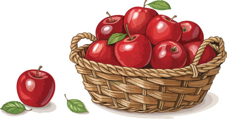 Red Apples in wicker basket with Apple Slice in Isolated background, Red Apple Illustration vector design