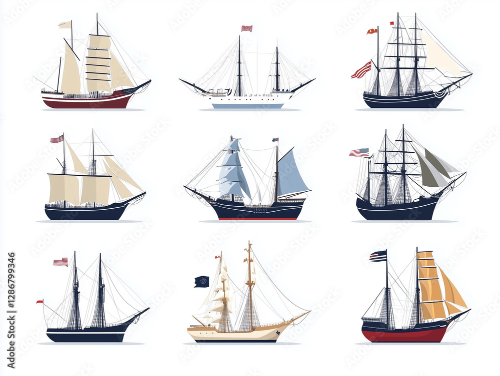 Fototapete Icônes de bateaux à voile en flat design sur fond blanc