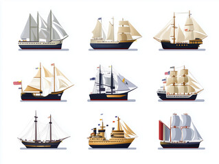 Icônes de bateaux à voile en flat design sur fond blanc
