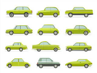 Fototapeta premium Icônes de voitures vertes en flat design sur fond blanc