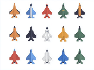 Icônes d'avions de chasses en flat design sur fond blanc