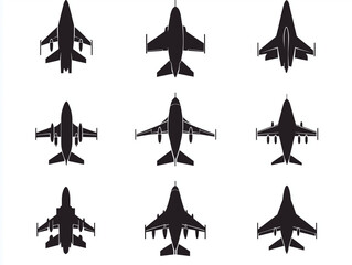 Icônes d'avions de chasses en flat design sur fond blanc