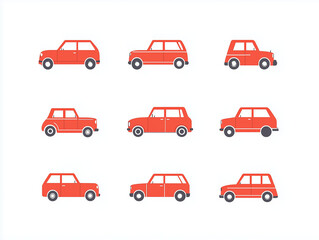 Icônes de voitures rouges en flat design sur fond blanc