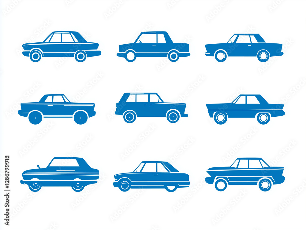 Fototapete Icônes de voitures bleues en flat design sur fond blanc