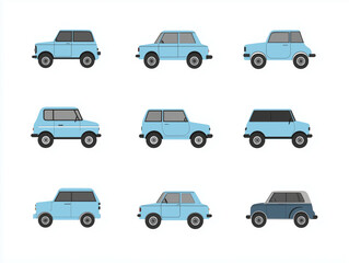 Icônes de voitures bleues en flat design sur fond blanc
