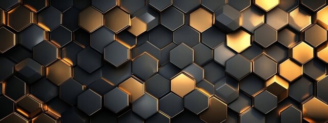 Abstract Gold and Black Hexagon Pattern, 3D Render, Geometric Background Hexagon, Abstract