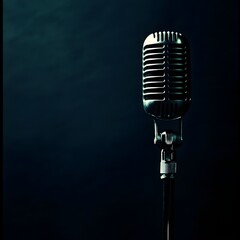 Retro microphone on a dark background. The concept of singing. Retro microphone on a stand in a recording studio, close-up.