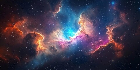 Fototapeta premium Cosmic Nebula Vibrant Hues of Red, Blue and Pink, Space, Astronomy, Nebula