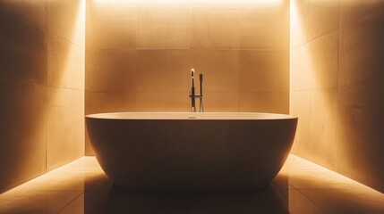 Freestanding bathtub in a minimalist bathroom, showcasing clean contemporary design and serene simplicity.
