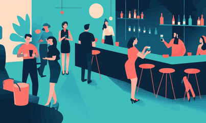 Flat Vector Illustration of Company Networking Event with Employees and Customers Mingling