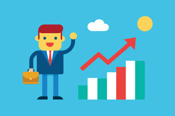 Obraz premium Business character, pixelated style, flat design, blue background, businessman with briefcase, red arrow graph, bar chart, growth concept, success visualization, bright colors, simple shapes, 8-bit in
