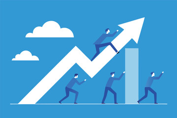 business growth, teamwork, upward arrow, blue figures pushing, white clouds, minimalist design, flat illustration, financial success, corporate achievement, blue and white color scheme, rising chart, 