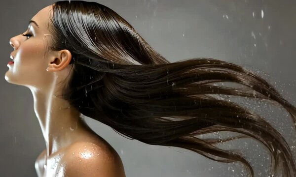 Elegant hair flip capturing dynamic motion and water droplets in slow motion.