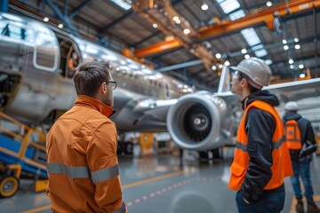 Two technicians wearing safety gear observe the intricate details of an aircraft during maintenance at an aerospace facility. The environment is busy and filled with advanced equipment