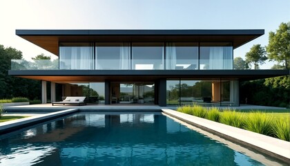 Obraz premium A modern house with a pool and a minimalist aesthetic.
