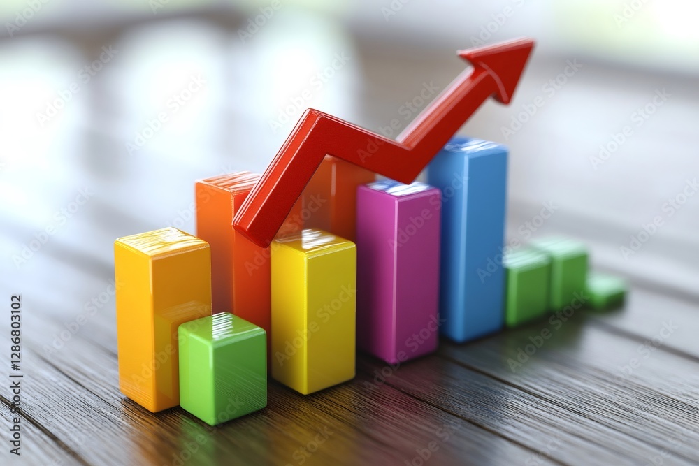 Poster colorful bar graph showing positive trend with rising red arrow on wooden table