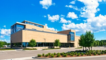 Obraz premium A modern building with a glass-enclosed rooftop and a parking lot.