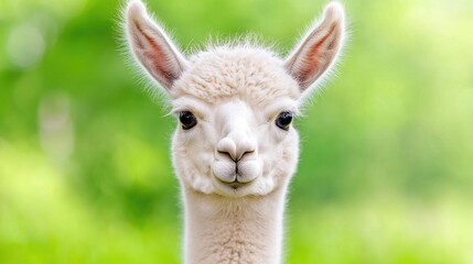 Fototapeta premium Cute Baby Alpaca Portrait in Green Background