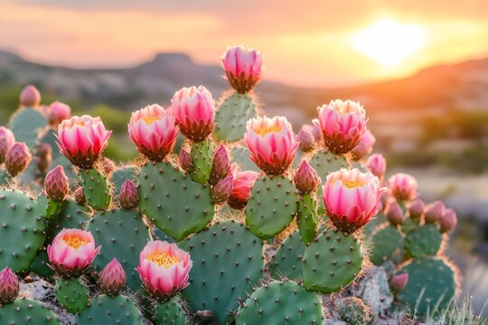 Blooming pink cactus flowers at sunset in desert landscape