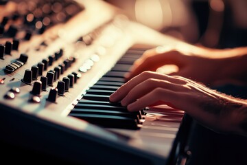 Hands playing a synthesizer keyboard with control knobs in warm ambient lighting
