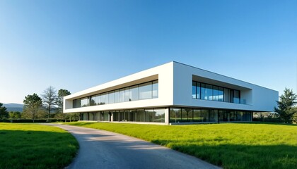 Fototapeta premium A modern white house with large windows and a clean-lined design situated on a lush green lawn.