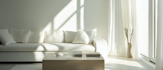 Sunlight casts gentle shadows over neutral-toned furniture in a minimalist room, evoking a sense of peace and airy openness.