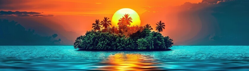 A tropical island with palm trees and a large sun in the sky