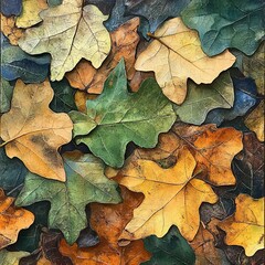 Fototapeta premium Textured autumn leaves in gold, green and brown colors, fall abstract art