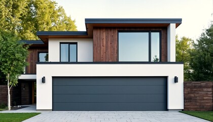 Modern two-story house with a garage and large windows.