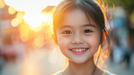 Fototapeta premium A joyful young Asian girl smiles warmly, radiating happiness and positivity. 