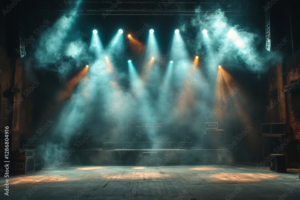 Poster empty stage illuminated by colorful spotlights and filled with smoke