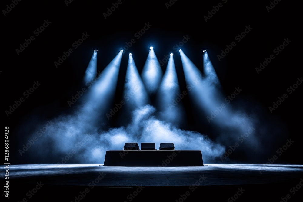 Poster empty stage illuminated by spotlights with smoke effect