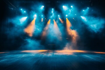 Empty stage lit with blue and orange lights illuminating smoke